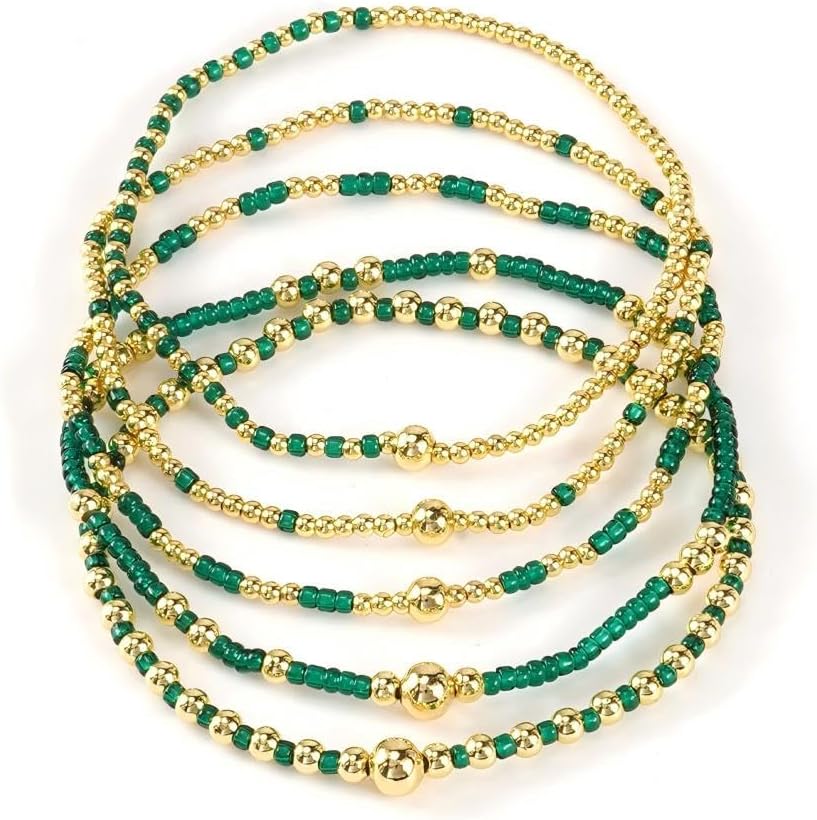 Gold Beaded Bracelets for Women Dainty Bracelet Stack Green Red Bracelets Adjuatable Stretchy Elastic Bracelets Set Trendy Fashion Jewelry Gifts
