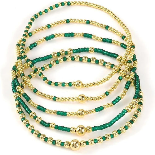 Gold Beaded Bracelets for Women Dainty Bracelet Stack Green Red Bracelets Adjuatable Stretchy Elastic Bracelets Set Trendy Fashion Jewelry Gifts