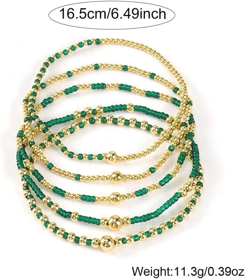 Gold Beaded Bracelets for Women Dainty Bracelet Stack Green Red Bracelets Adjuatable Stretchy Elastic Bracelets Set Trendy Fashion Jewelry Gifts