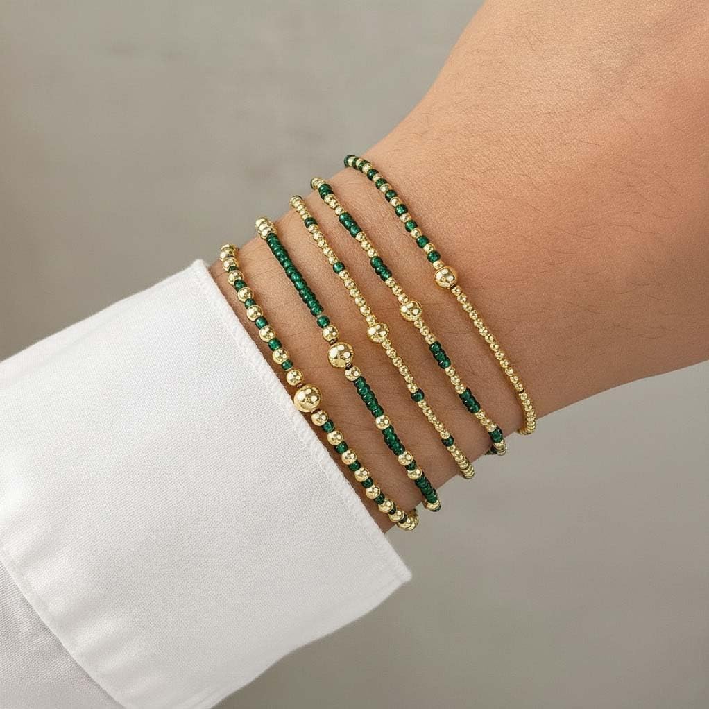 Gold Beaded Bracelets for Women Dainty Bracelet Stack Green Red Bracelets Adjuatable Stretchy Elastic Bracelets Set Trendy Fashion Jewelry Gifts