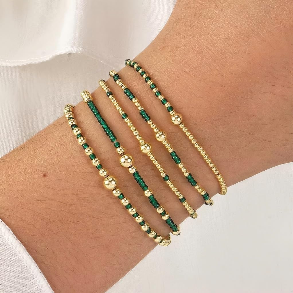 Gold Beaded Bracelets for Women Dainty Bracelet Stack Green Red Bracelets Adjuatable Stretchy Elastic Bracelets Set Trendy Fashion Jewelry Gifts