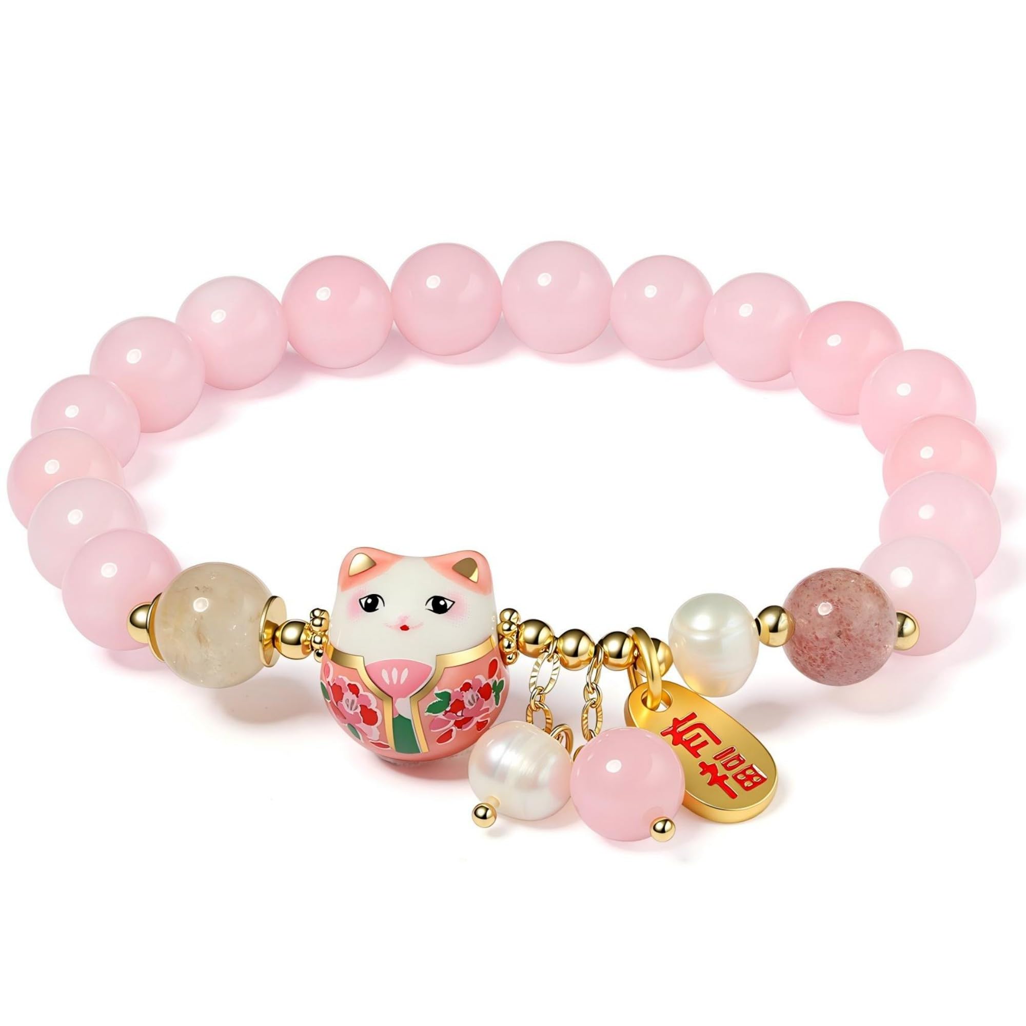 Lucky Cat Bracelet with Blue Crystal, Ceramic Cat Pendant, Feng Shui Good Luck Jewelry for Women, Wealth & Protection Bracelet