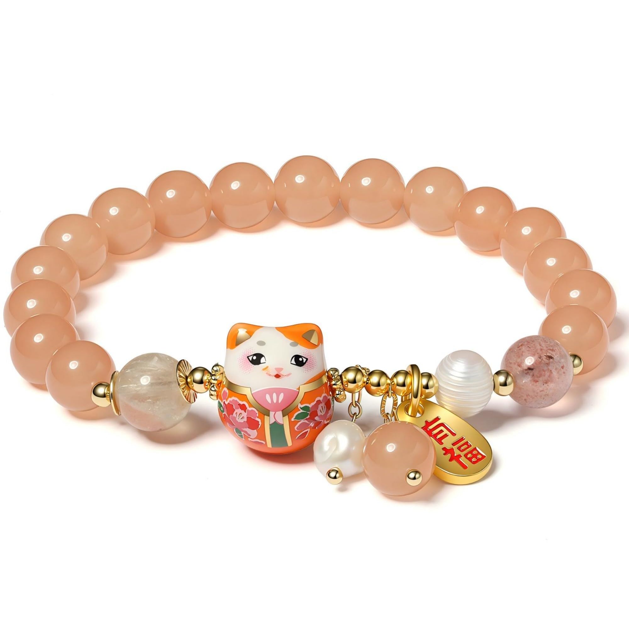 Lucky Cat Bracelet with Blue Crystal, Ceramic Cat Pendant, Feng Shui Good Luck Jewelry for Women, Wealth & Protection Bracelet