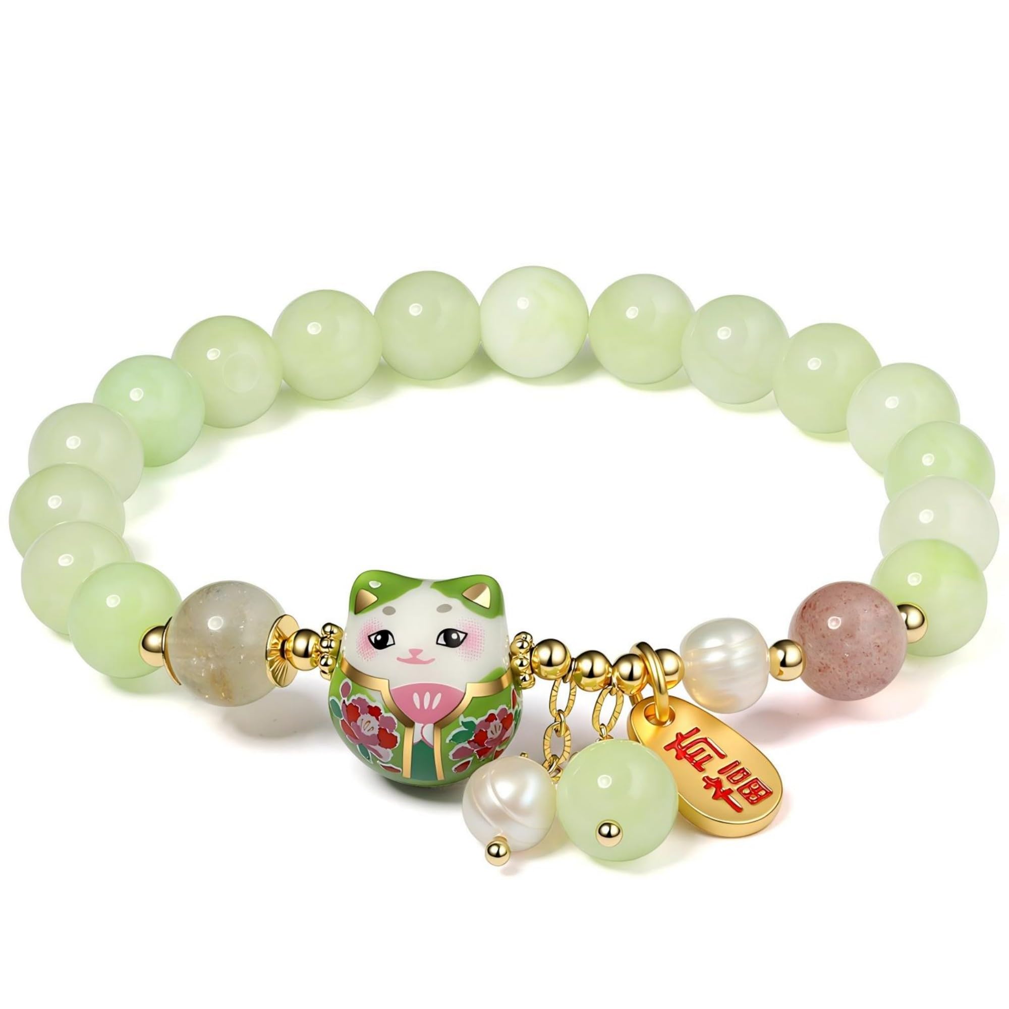 Lucky Cat Bracelet with Blue Crystal, Ceramic Cat Pendant, Feng Shui Good Luck Jewelry for Women, Wealth & Protection Bracelet