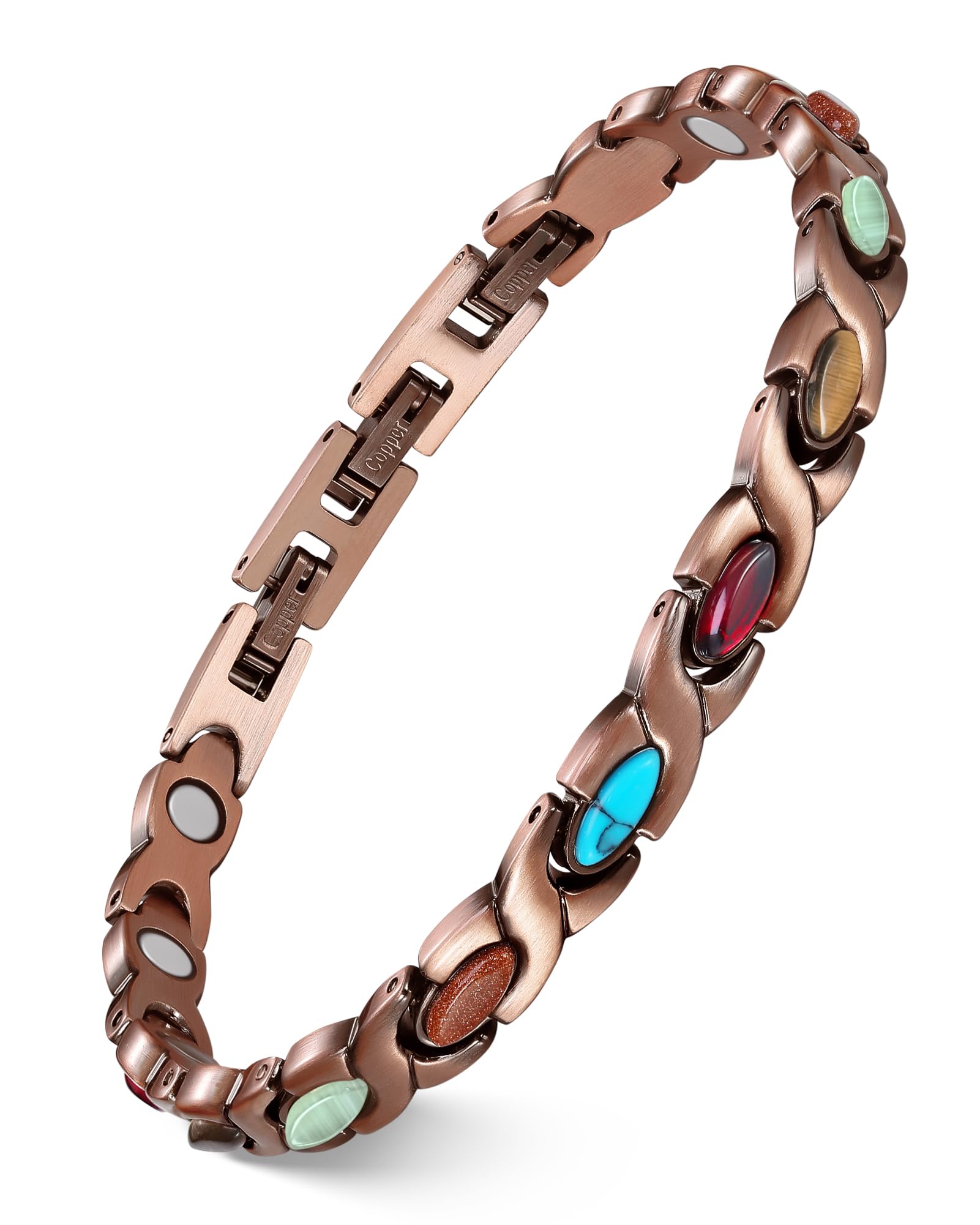 Feraco Pure Copper Bracelets for Women, Ultra Strength Magnetic Bracelet with 3800 Gauss Magnets & Natural Turquoise & Stones, Adjustable, Jewelry Gift