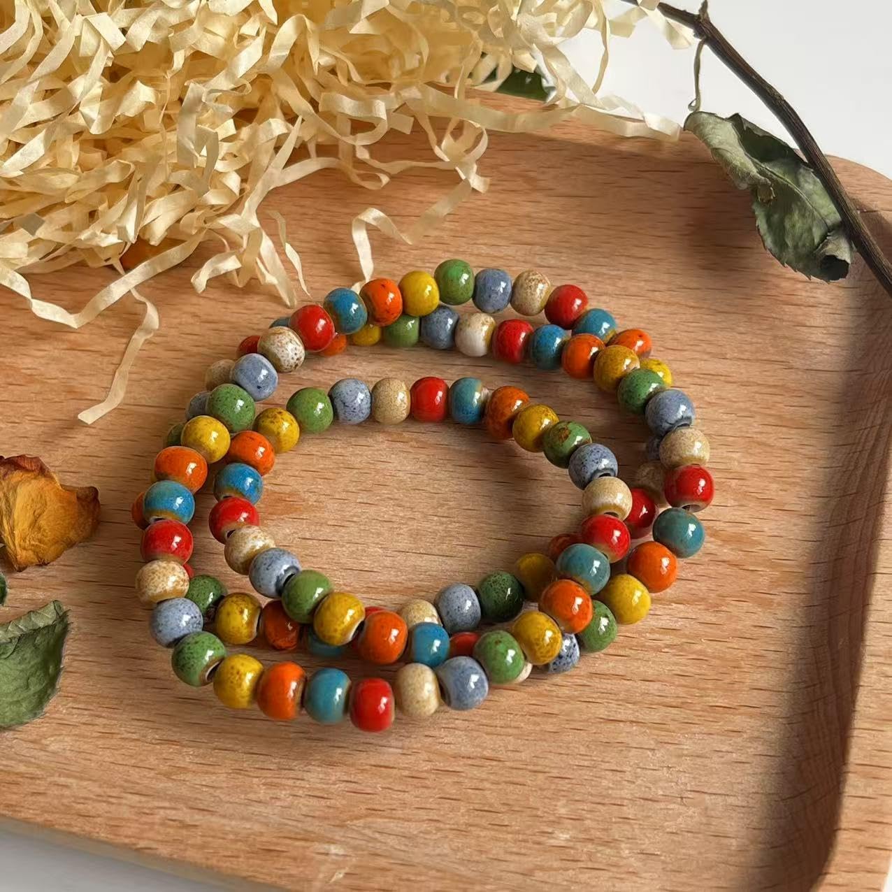 Native American Bracelet for Women Cute Colorful Ceramic Wrap Bracelet 3 Row Wide Layered Stackable Beaded Stretch Bracelet Vintage Native Jewelry Bohemian Hippie Sweater Necklace for Ladies