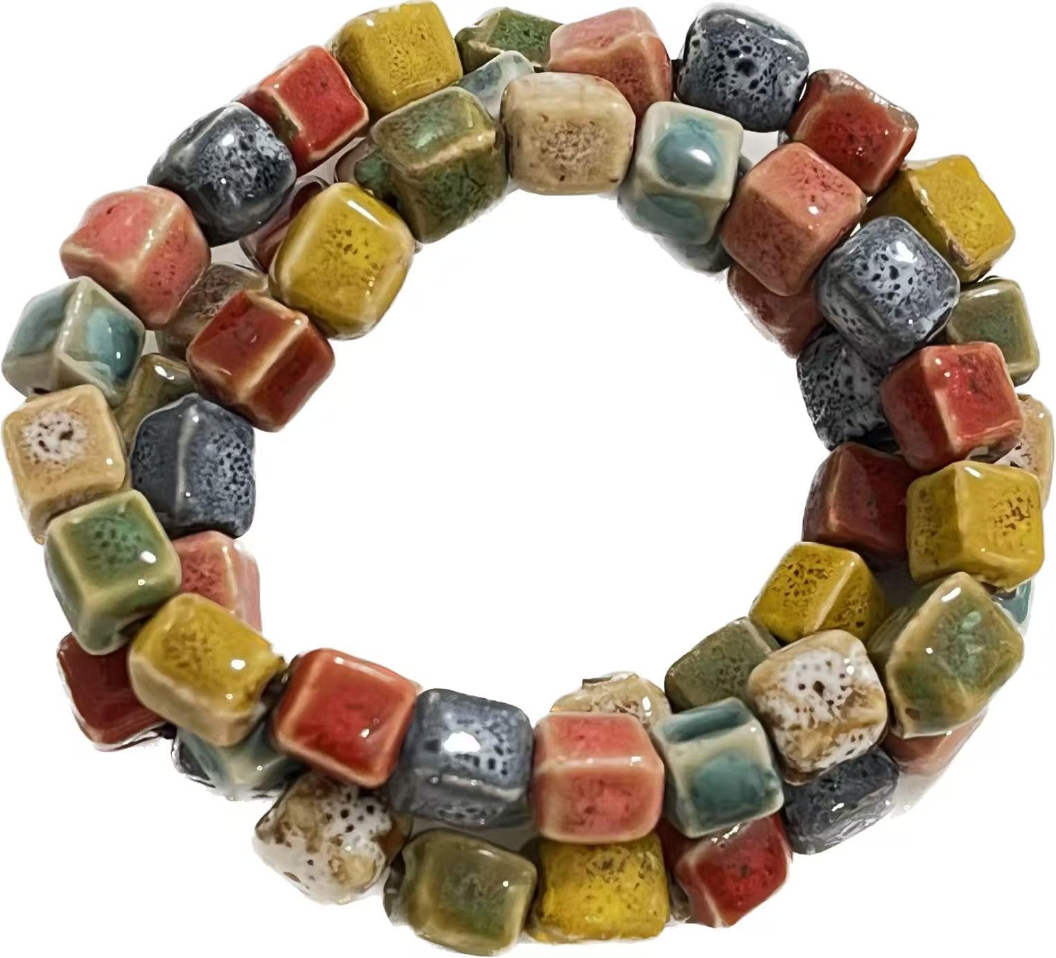 Native American Bracelet for Women Cute Colorful Ceramic Wrap Bracelet 3 Row Wide Layered Stackable Beaded Stretch Bracelet Vintage Native Jewelry Bohemian Hippie Sweater Necklace for Ladies