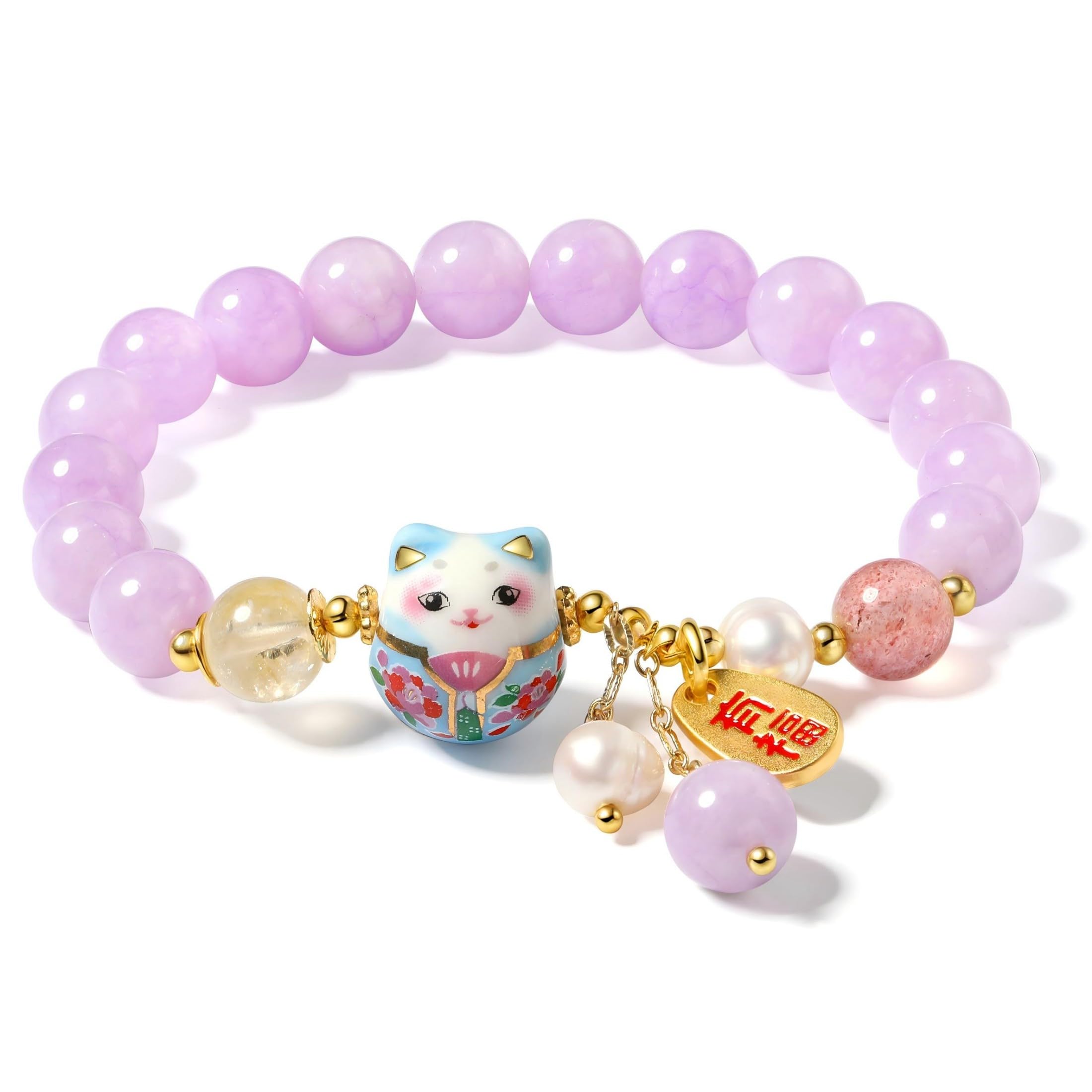 Lucky Cat Bracelet with Blue Crystal, Ceramic Cat Pendant, Feng Shui Good Luck Jewelry for Women, Wealth & Protection Bracelet