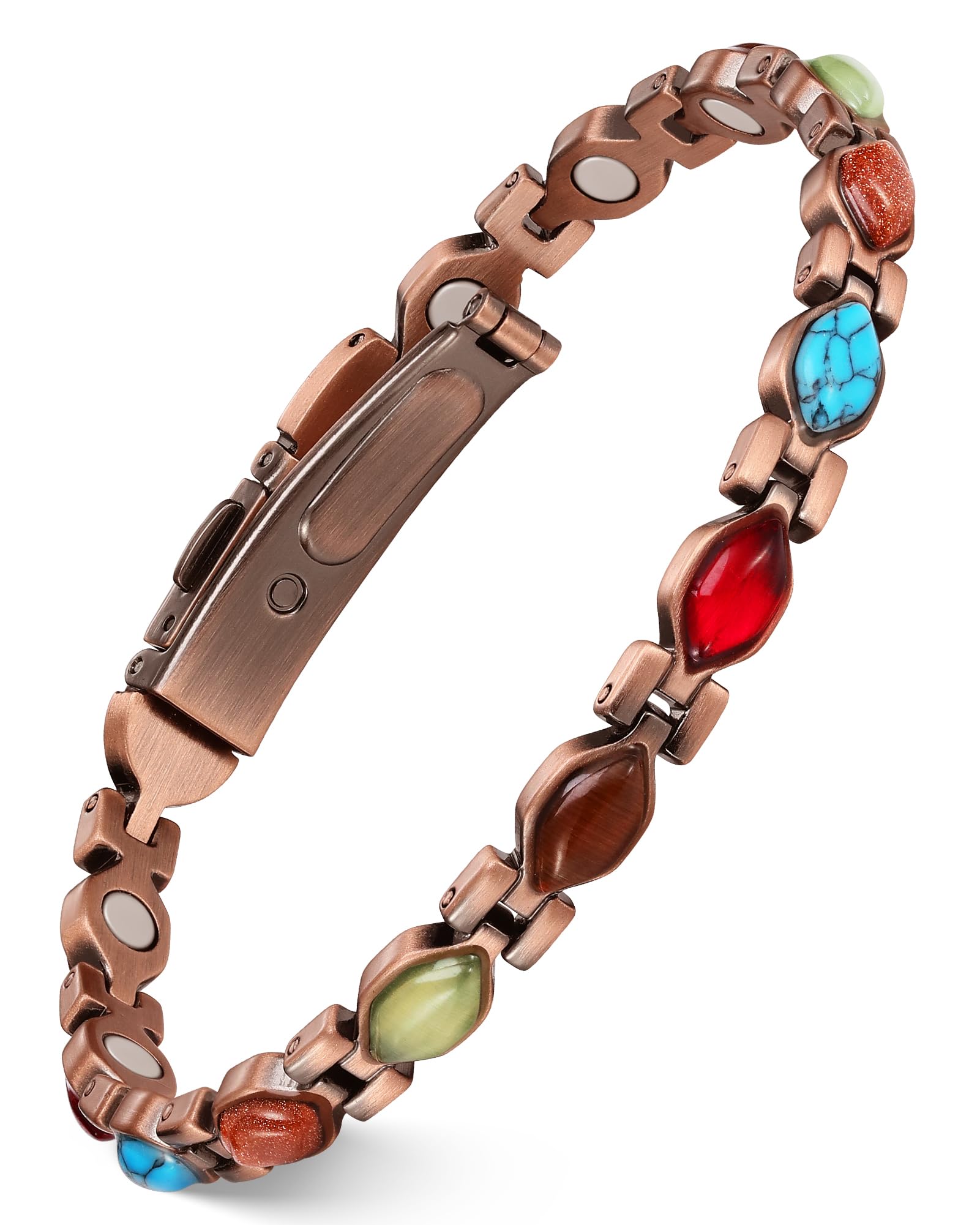 Feraco Pure Copper Bracelets for Women, Ultra Strength Magnetic Bracelet with 3800 Gauss Magnets & Natural Turquoise & Stones, Adjustable, Jewelry Gift