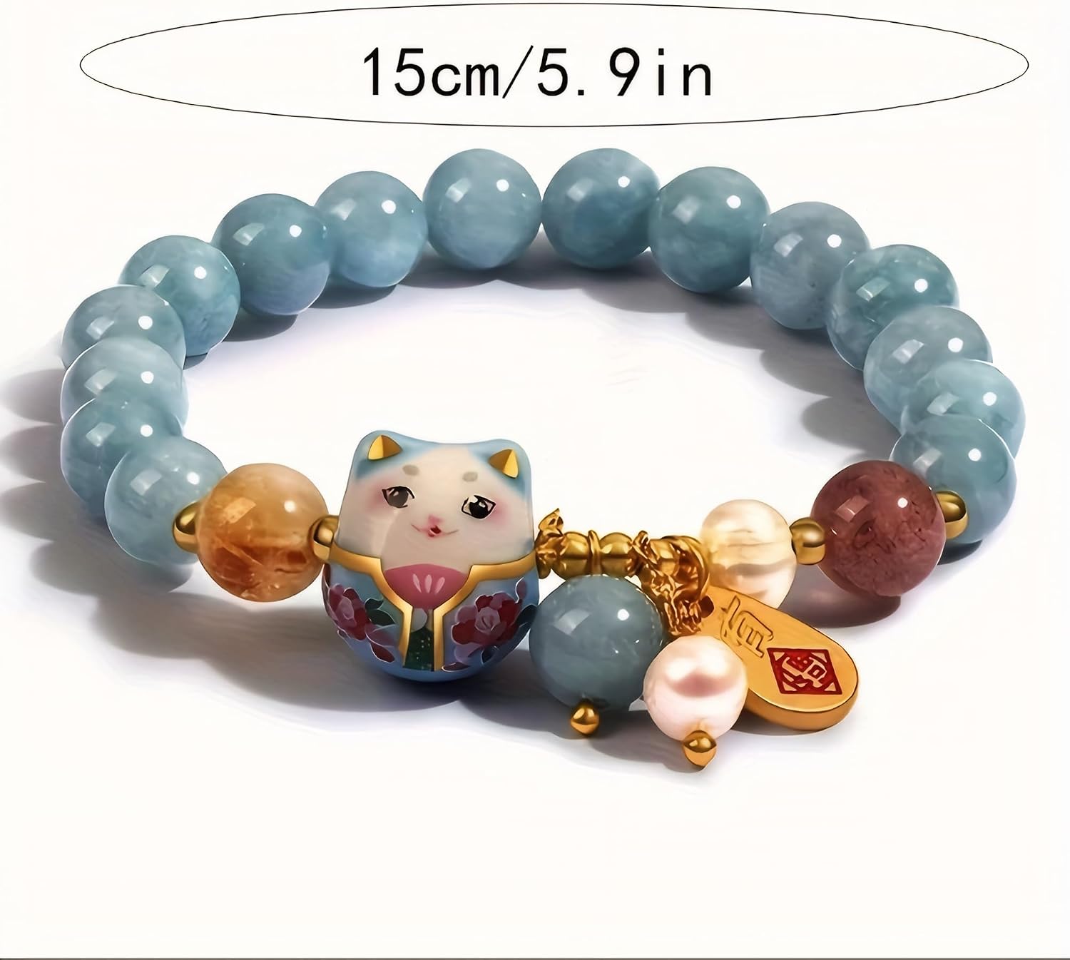 Lucky Cat Bracelet with Blue Crystal, Ceramic Cat Pendant, Feng Shui Good Luck Jewelry for Women, Wealth & Protection Bracelet