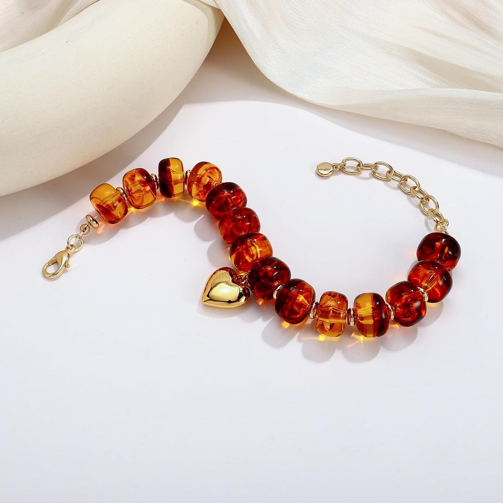WOWORAMA Colorful Beaded Bracelets for Women Multicolor Acrylic Resin Beads Bracelet with Heart Charm Boho Statement Chunky Bracelet Summer Holiday Jewelry