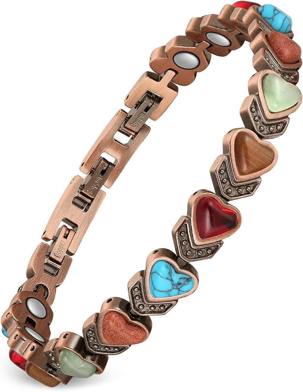 Feraco Pure Copper Bracelets for Women, Ultra Strength Magnetic Bracelet with 3800 Gauss Magnets & Natural Turquoise & Stones, Adjustable, Jewelry Gift