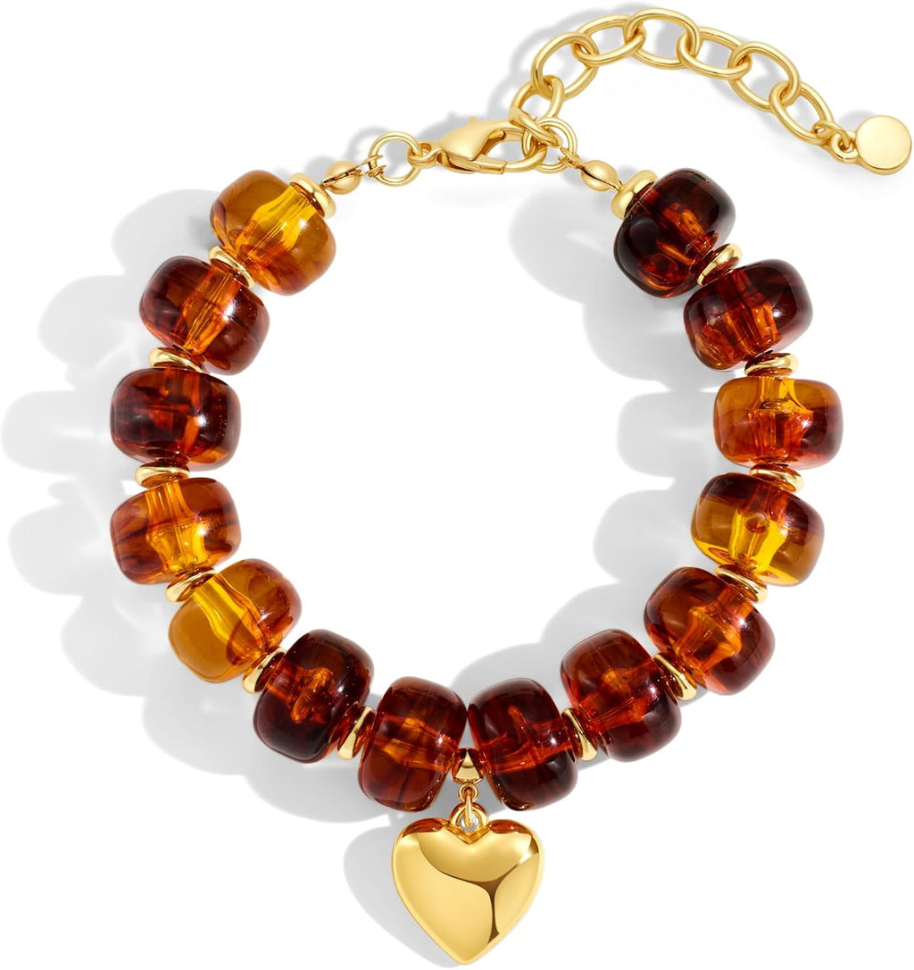 WOWORAMA Colorful Beaded Bracelets for Women Multicolor Acrylic Resin Beads Bracelet with Heart Charm Boho Statement Chunky Bracelet Summer Holiday Jewelry