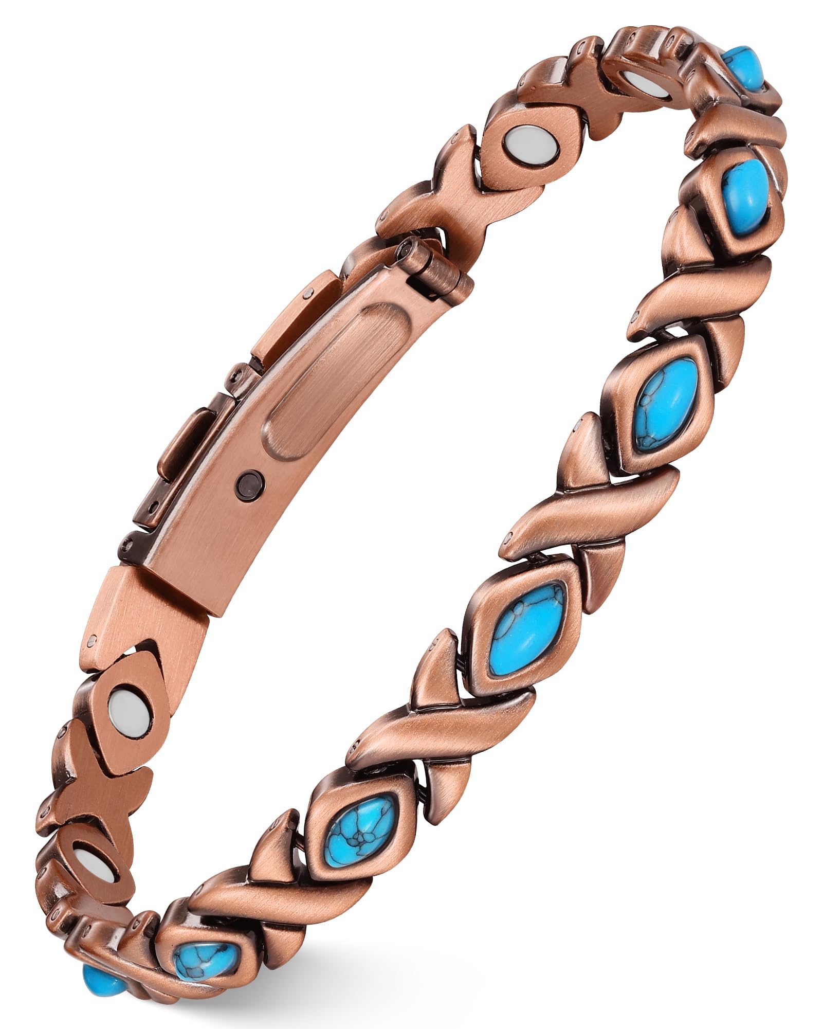 Feraco Pure Copper Bracelets for Women, Ultra Strength Magnetic Bracelet with 3800 Gauss Magnets & Natural Turquoise & Stones, Adjustable, Jewelry Gift