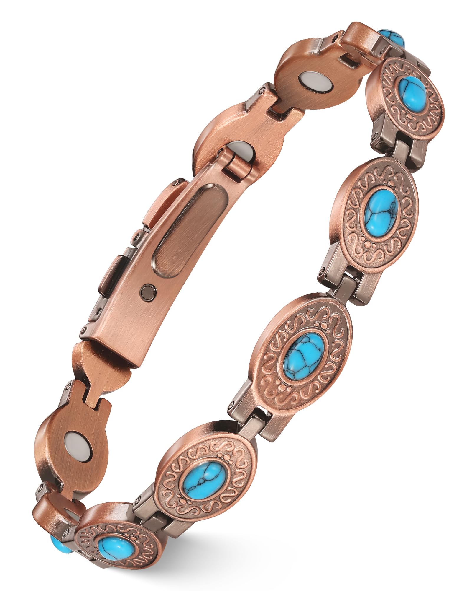 Feraco Pure Copper Bracelets for Women, Ultra Strength Magnetic Bracelet with 3800 Gauss Magnets & Natural Turquoise & Stones, Adjustable, Jewelry Gift