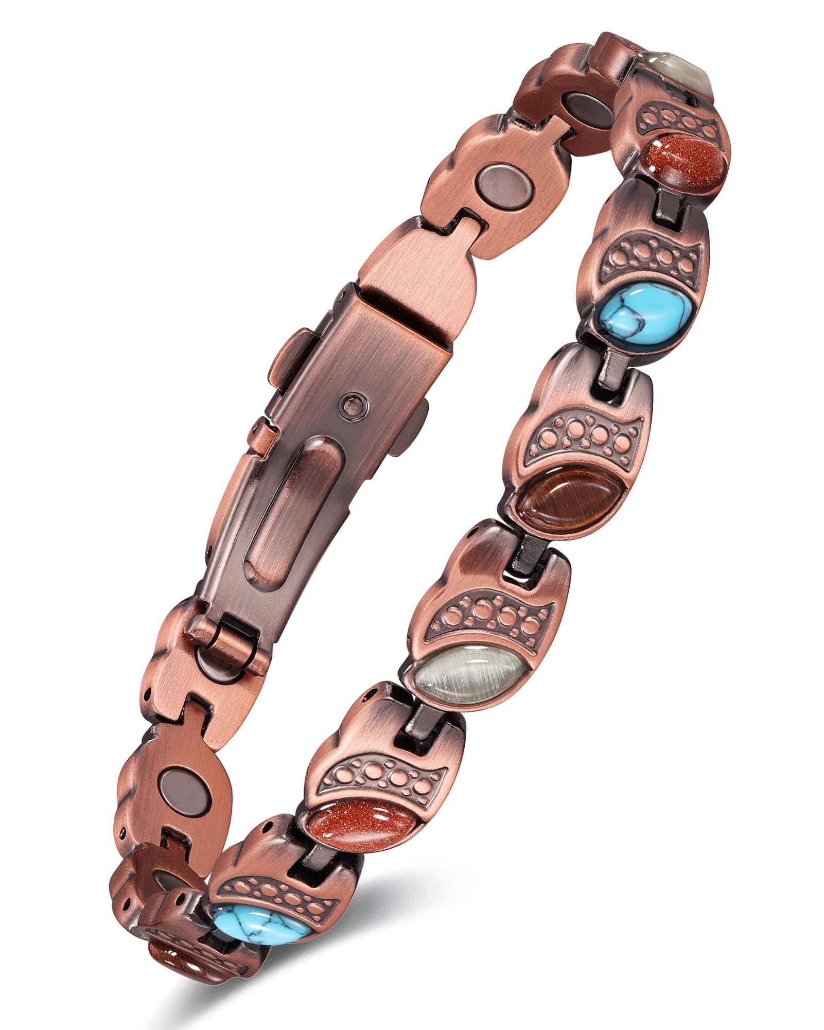 Feraco Pure Copper Bracelets for Women, Ultra Strength Magnetic Bracelet with 3800 Gauss Magnets & Natural Turquoise & Stones, Adjustable, Jewelry Gift