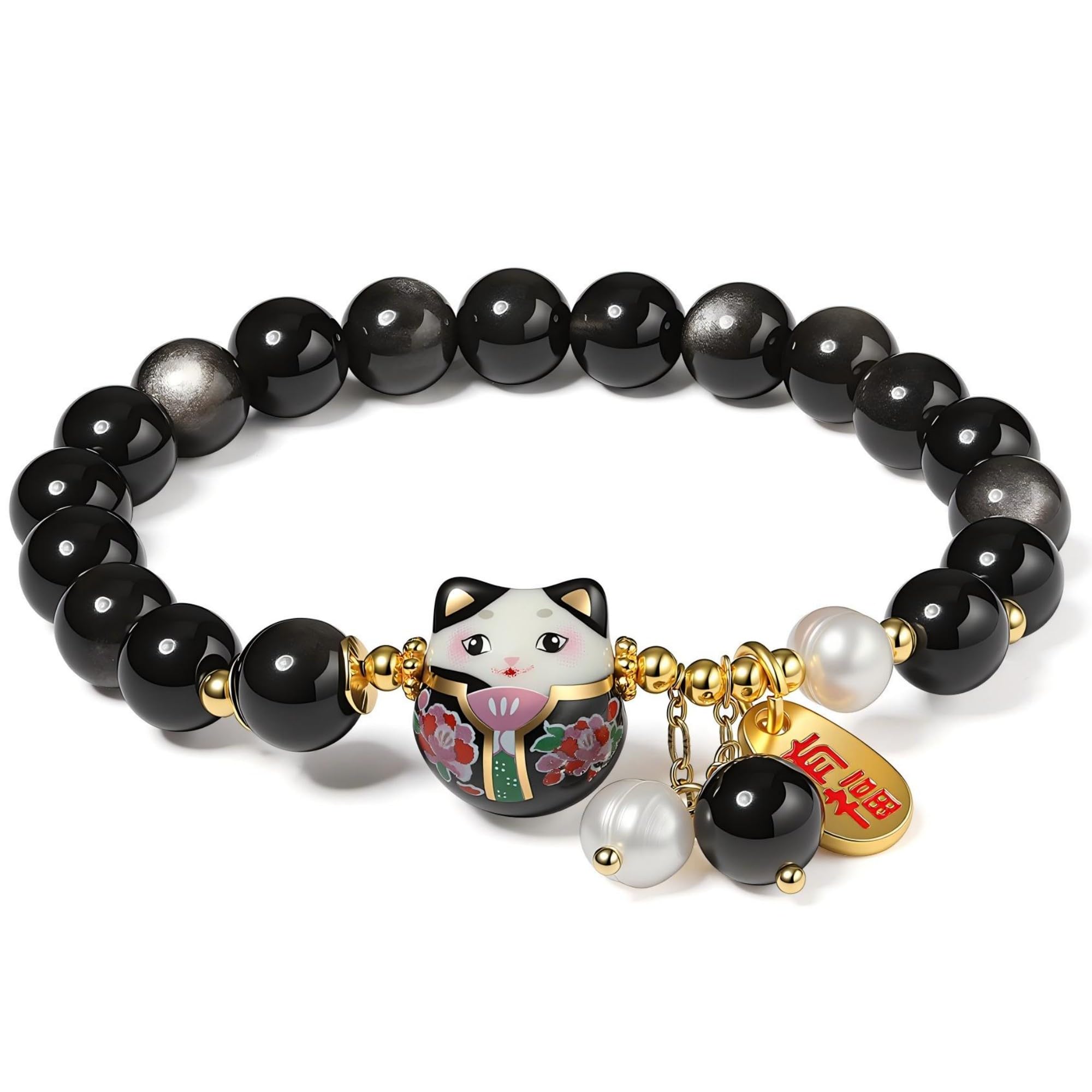 Lucky Cat Bracelet with Blue Crystal, Ceramic Cat Pendant, Feng Shui Good Luck Jewelry for Women, Wealth & Protection Bracelet