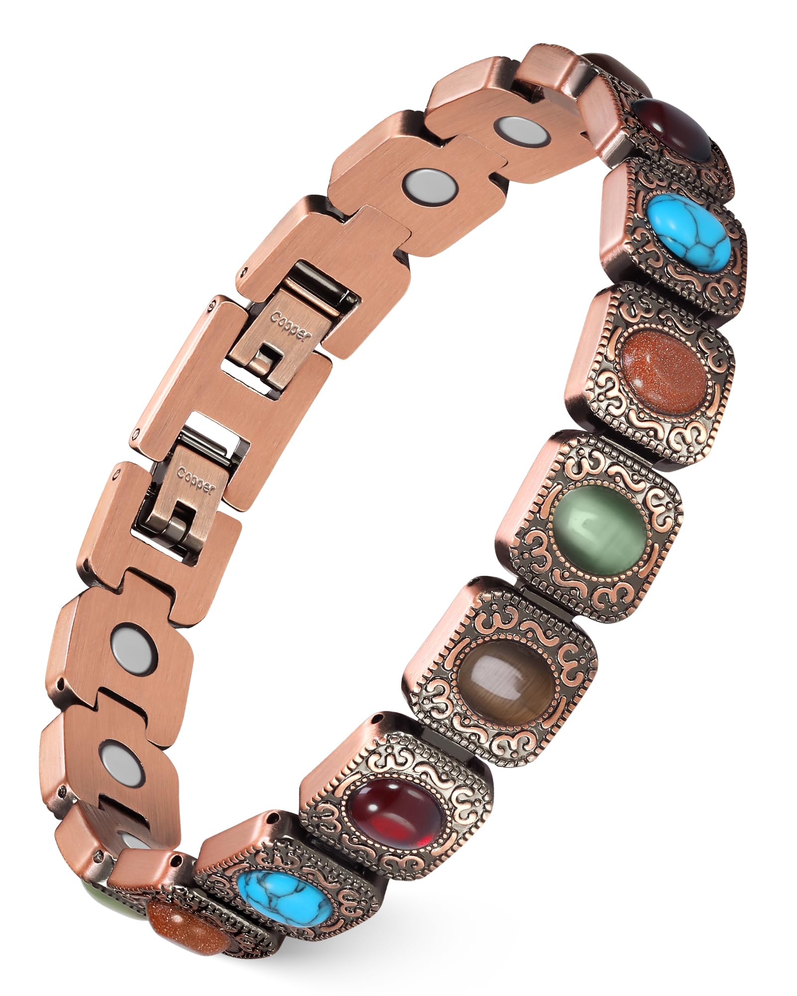 Feraco Pure Copper Bracelets for Women, Ultra Strength Magnetic Bracelet with 3800 Gauss Magnets & Natural Turquoise & Stones, Adjustable, Jewelry Gift