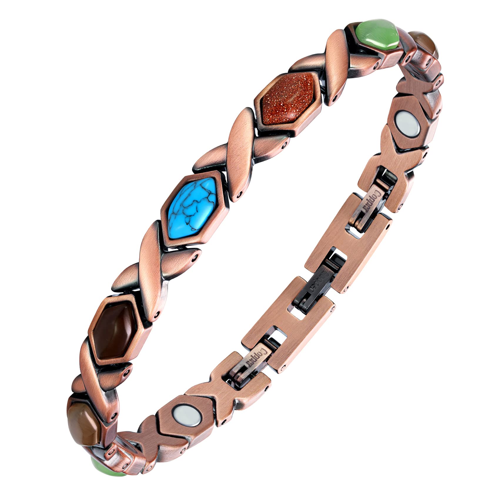 Feraco Pure Copper Bracelets for Women, Ultra Strength Magnetic Bracelet with 3800 Gauss Magnets & Natural Turquoise & Stones, Adjustable, Jewelry Gift