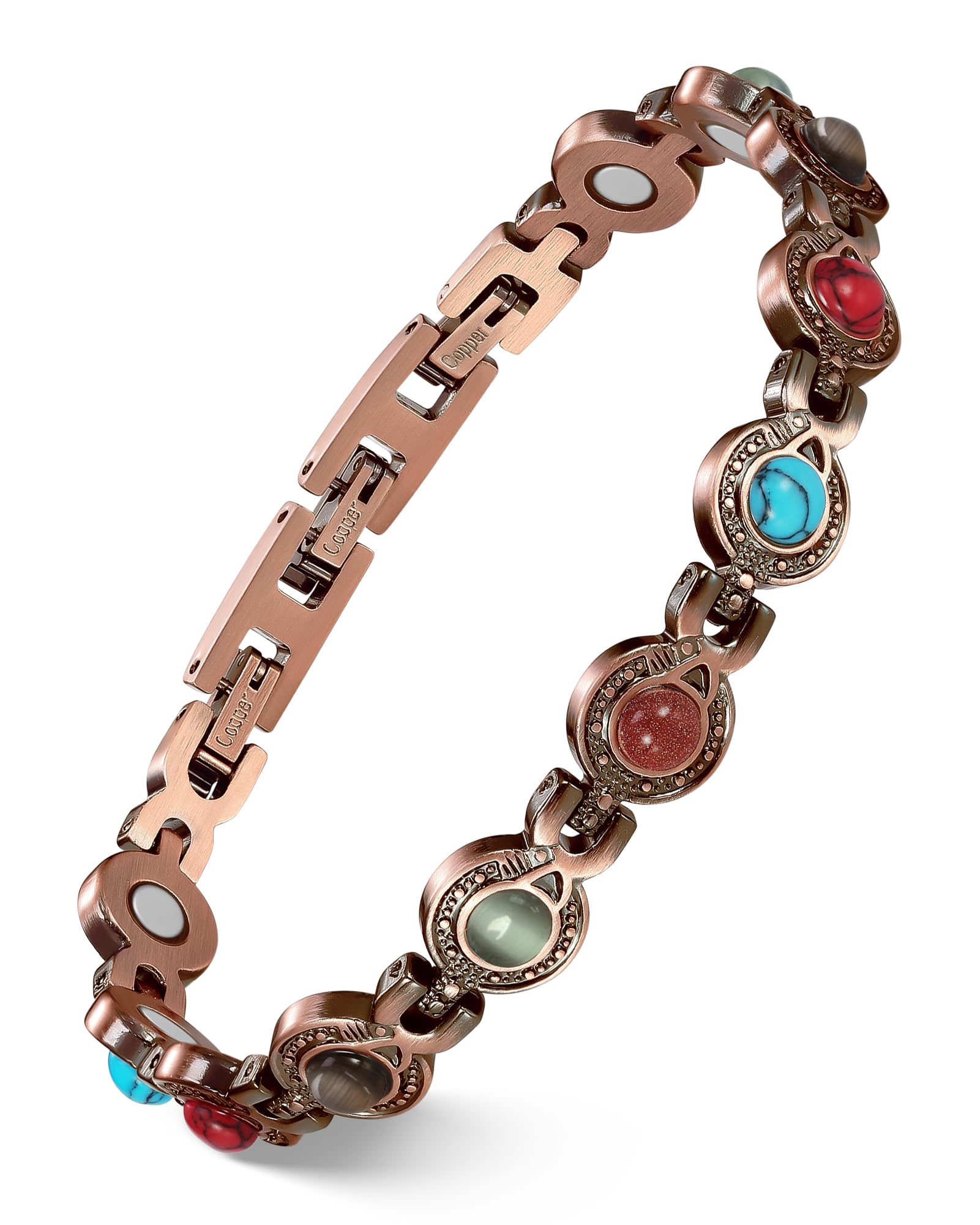 Feraco Pure Copper Bracelets for Women, Ultra Strength Magnetic Bracelet with 3800 Gauss Magnets & Natural Turquoise & Stones, Adjustable, Jewelry Gift
