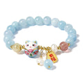 Lucky Cat Bracelet with Blue Crystal, Ceramic Cat Pendant, Feng Shui Good Luck Jewelry for Women, Wealth & Protection Bracelet