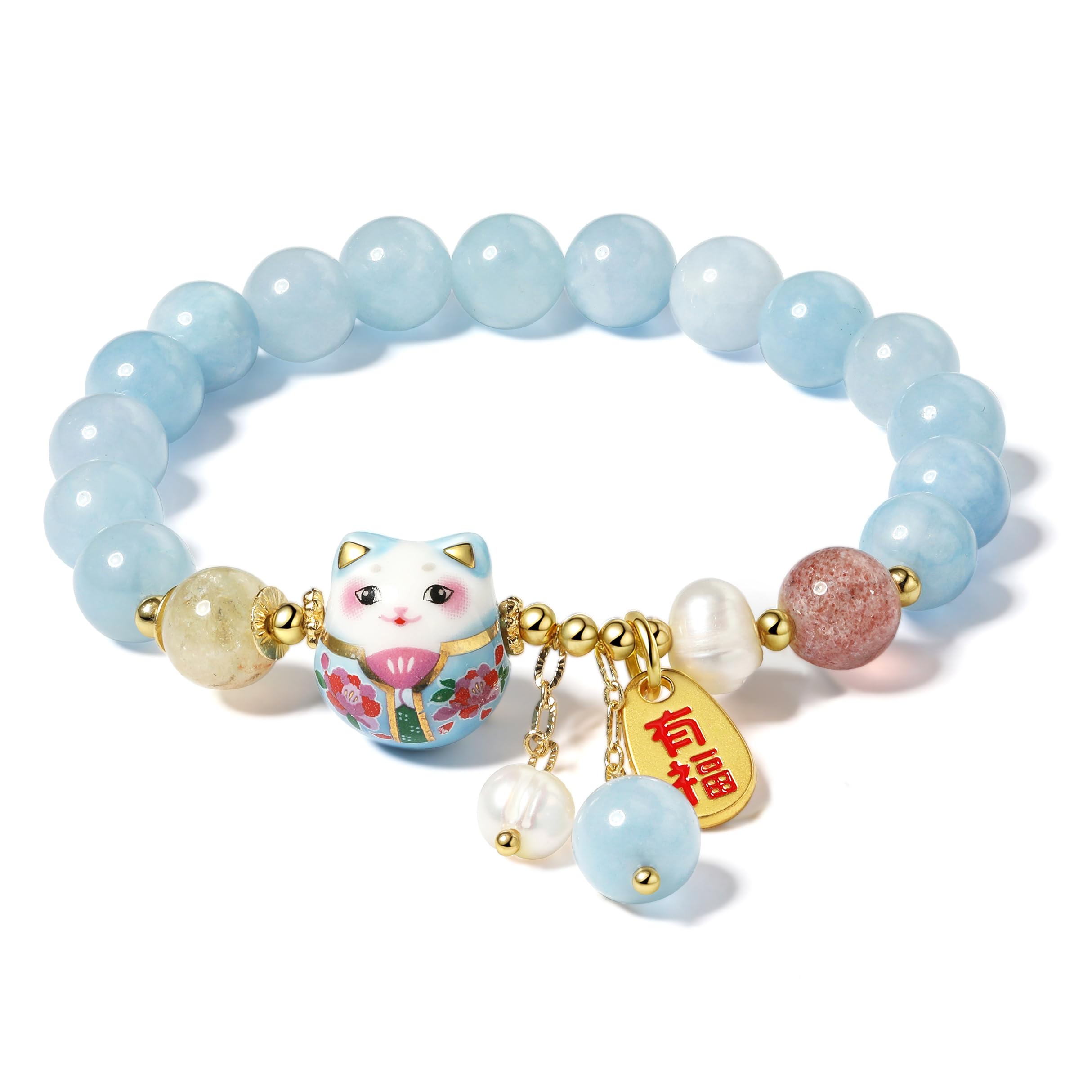 Lucky Cat Bracelet with Blue Crystal, Ceramic Cat Pendant, Feng Shui Good Luck Jewelry for Women, Wealth & Protection Bracelet