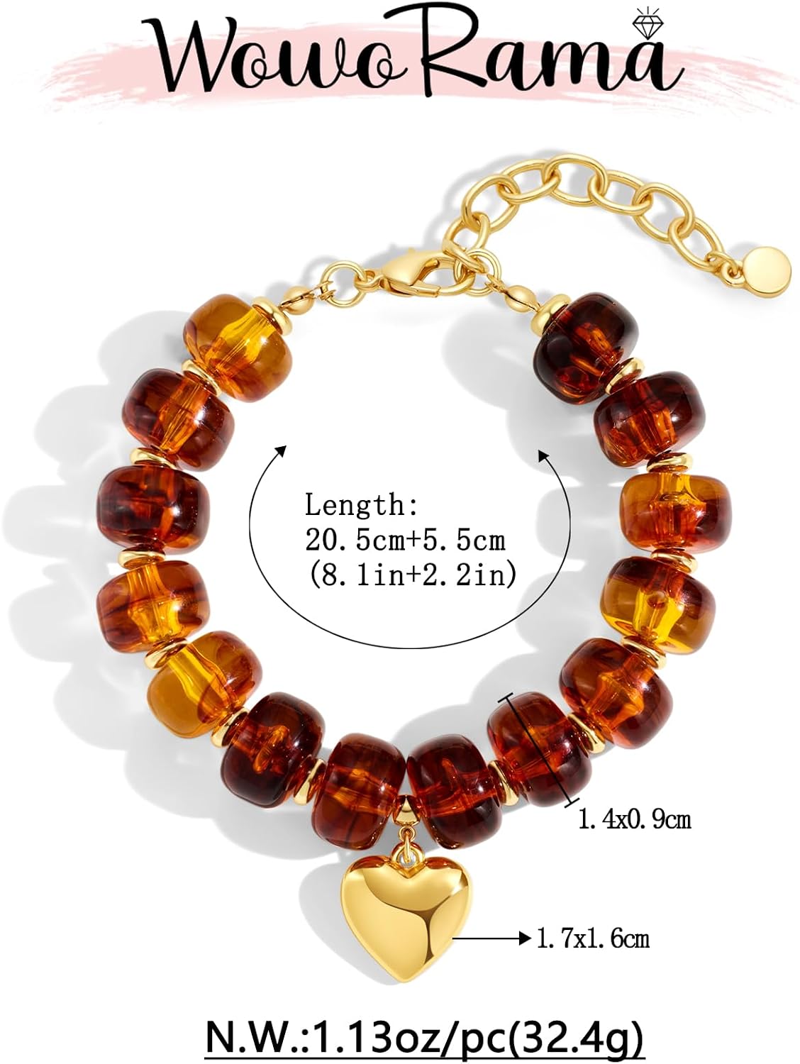 WOWORAMA Colorful Beaded Bracelets for Women Multicolor Acrylic Resin Beads Bracelet with Heart Charm Boho Statement Chunky Bracelet Summer Holiday Jewelry