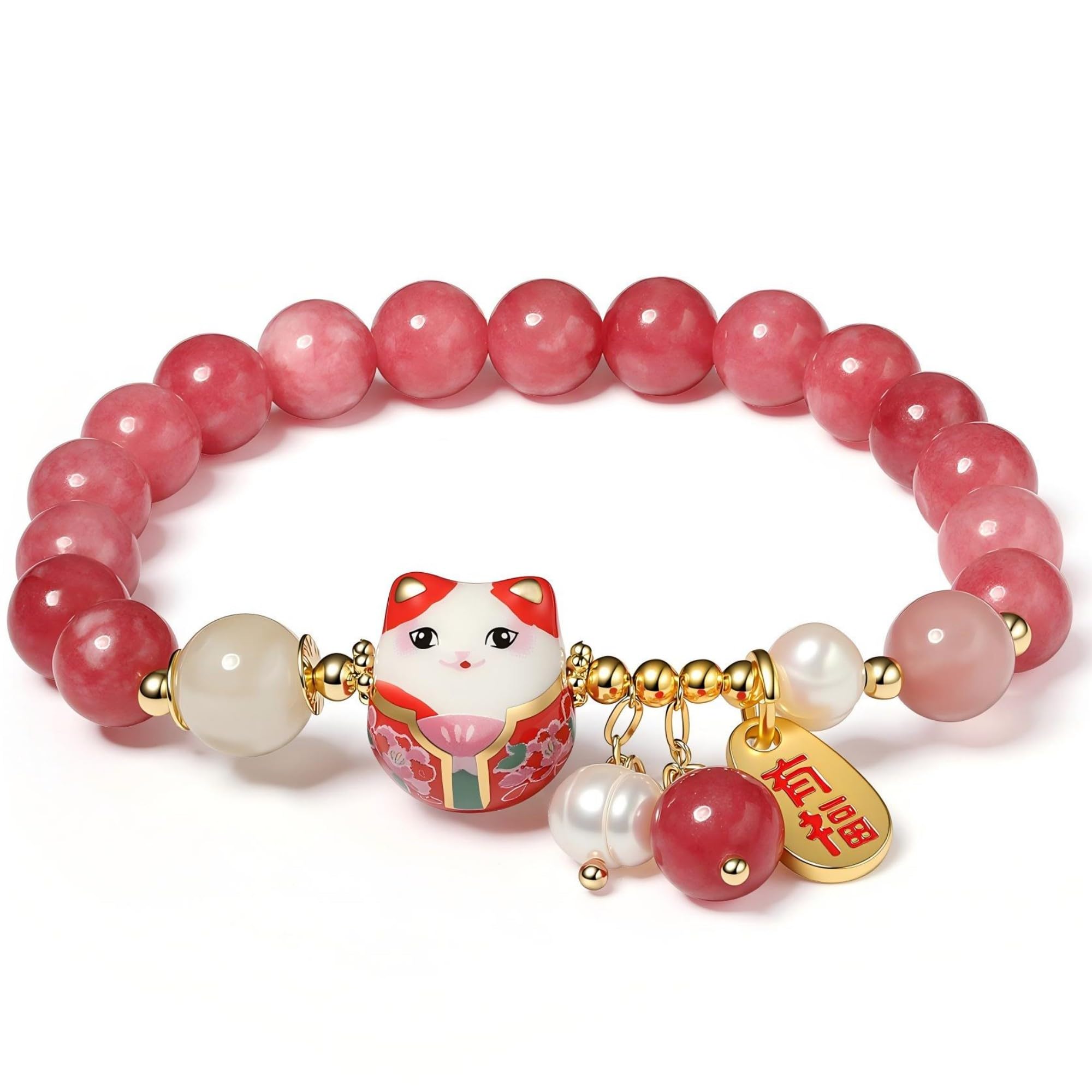 Lucky Cat Bracelet with Blue Crystal, Ceramic Cat Pendant, Feng Shui Good Luck Jewelry for Women, Wealth & Protection Bracelet