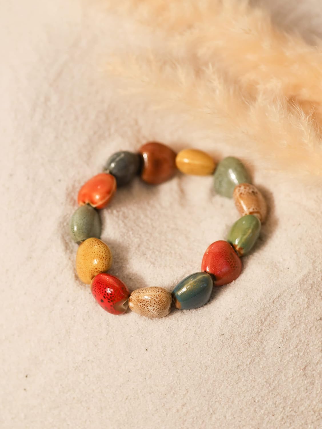 MINACHI Boho Hippie Colorful Ceramic Beads Strand Stretch Bracelet, Bohemian Summer Beach Jewelry Gift for Women