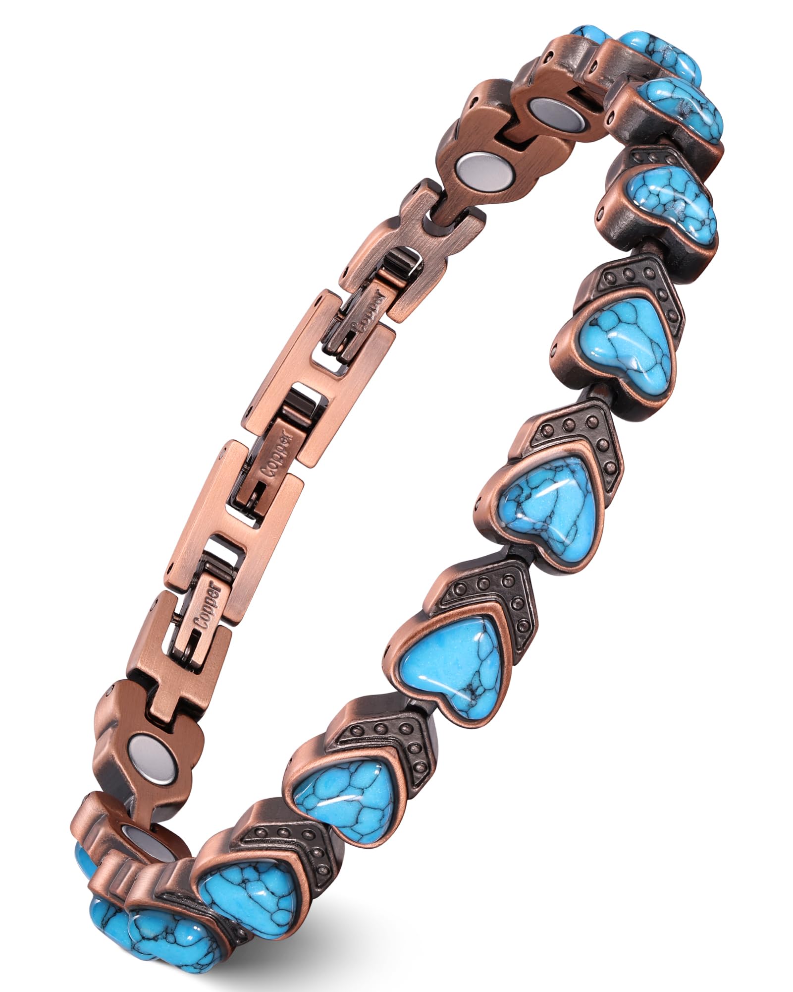 Feraco Pure Copper Bracelets for Women, Ultra Strength Magnetic Bracelet with 3800 Gauss Magnets & Natural Turquoise & Stones, Adjustable, Jewelry Gift
