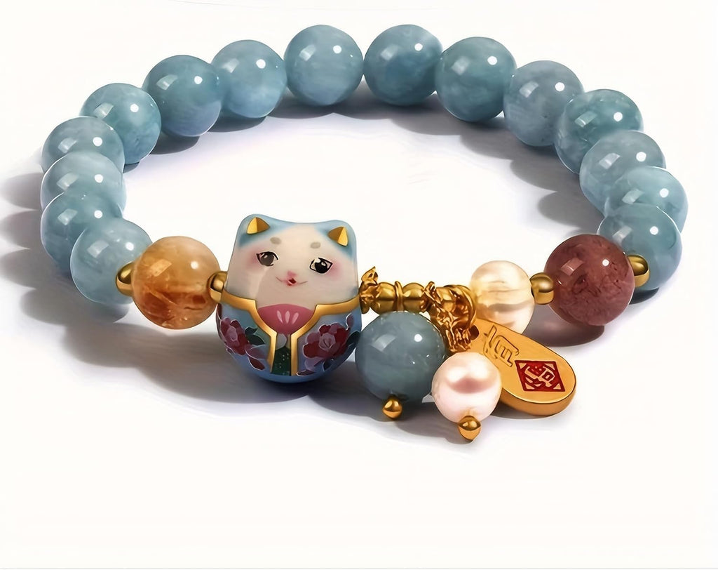Lucky Cat Bracelet with Blue Crystal, Ceramic Cat Pendant, Feng Shui Good Luck Jewelry for Women, Wealth & Protection Bracelet