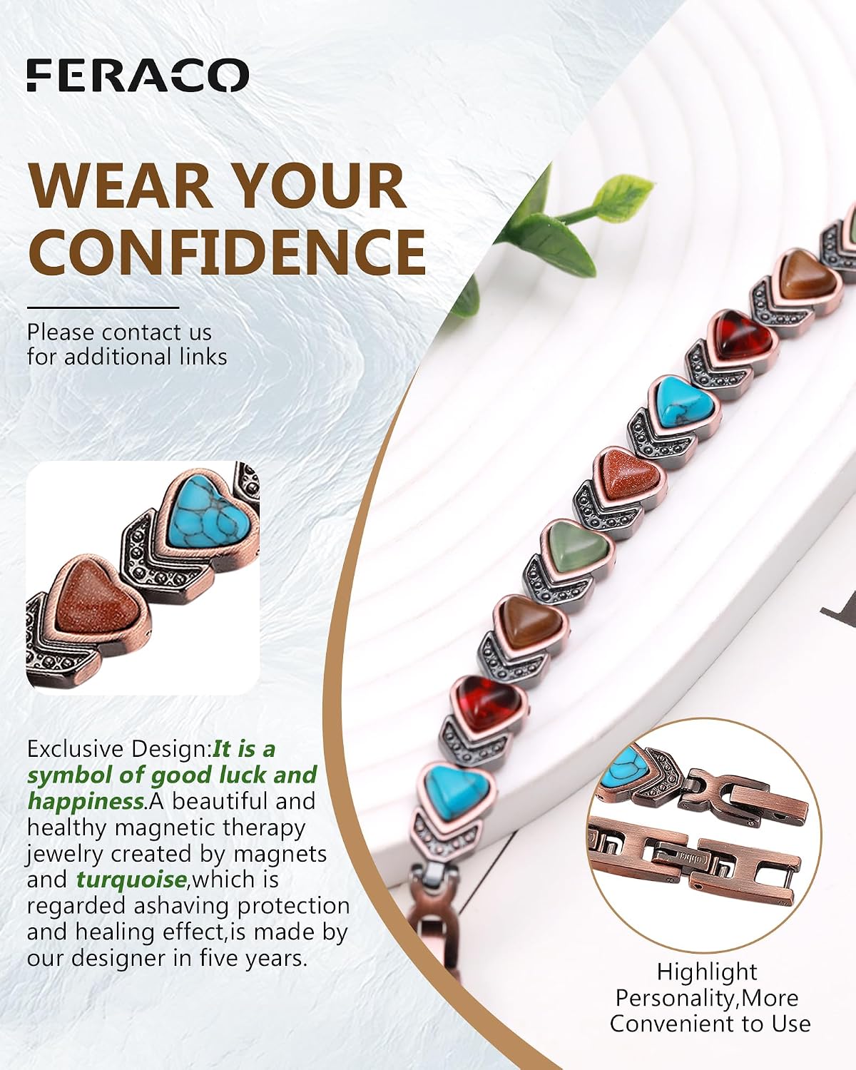 Feraco Pure Copper Bracelets for Women, Ultra Strength Magnetic Bracelet with 3800 Gauss Magnets & Natural Turquoise & Stones, Adjustable, Jewelry Gift