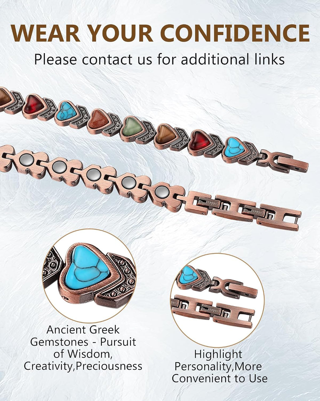 Feraco Pure Copper Bracelets for Women, Ultra Strength Magnetic Bracelet with 3800 Gauss Magnets & Natural Turquoise & Stones, Adjustable, Jewelry Gift