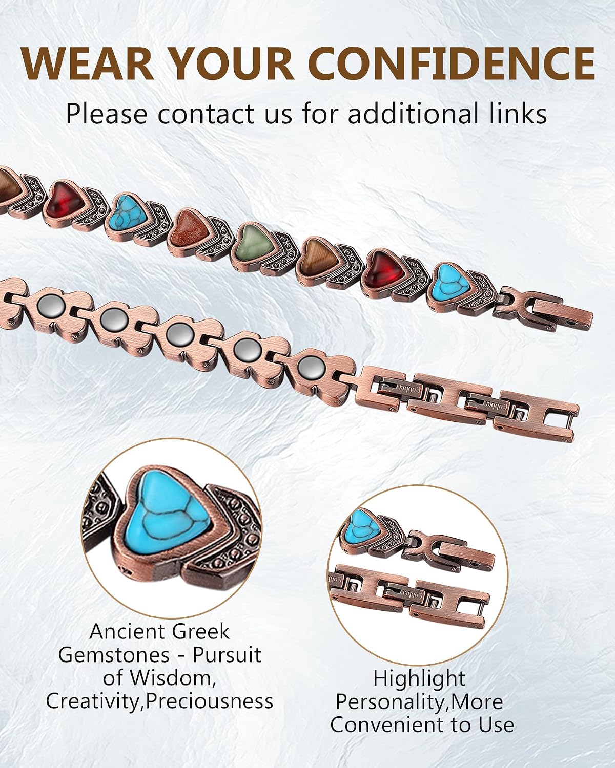Feraco Pure Copper Bracelets for Women, Ultra Strength Magnetic Bracelet with 3800 Gauss Magnets & Natural Turquoise & Stones, Adjustable, Jewelry Gift