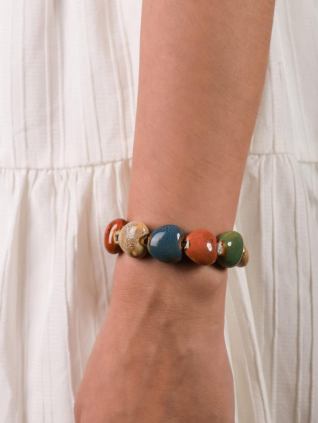 MINACHI Boho Hippie Colorful Ceramic Beads Strand Stretch Bracelet, Bohemian Summer Beach Jewelry Gift for Women