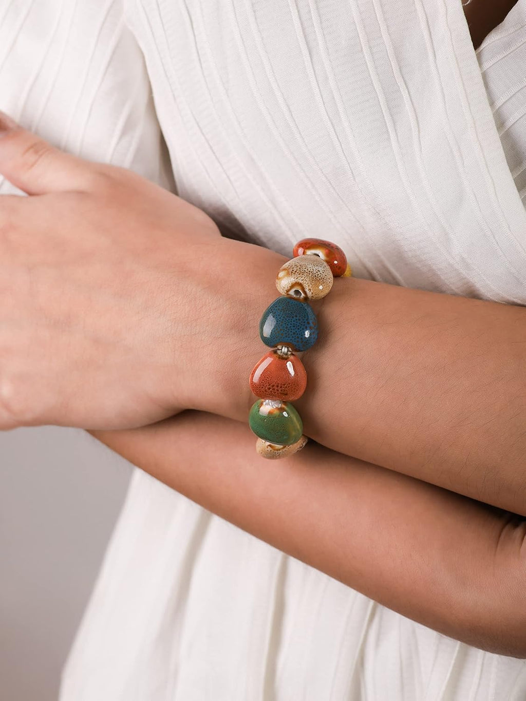 MINACHI Boho Hippie Colorful Ceramic Beads Strand Stretch Bracelet, Bohemian Summer Beach Jewelry Gift for Women