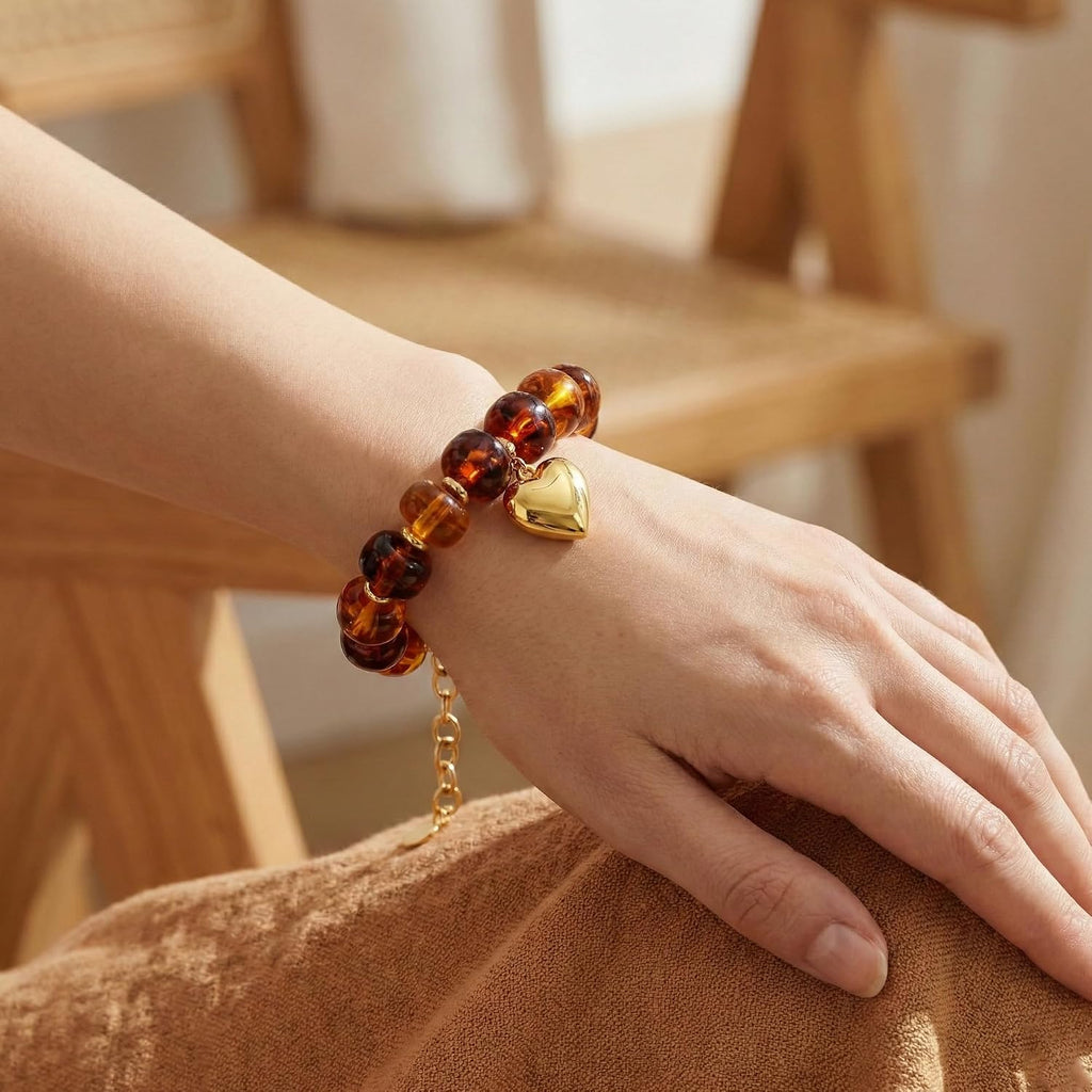 WOWORAMA Colorful Beaded Bracelets for Women Multicolor Acrylic Resin Beads Bracelet with Heart Charm Boho Statement Chunky Bracelet Summer Holiday Jewelry