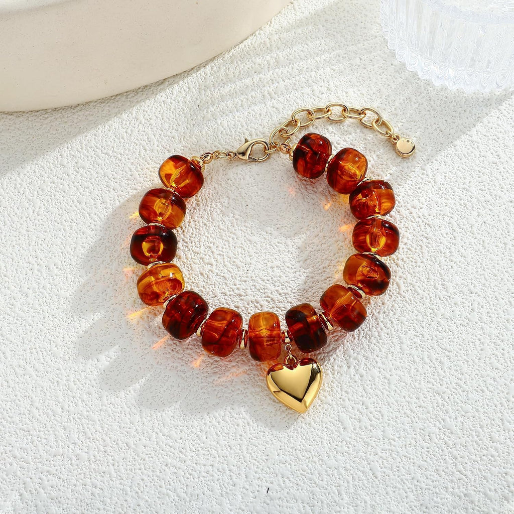 WOWORAMA Colorful Beaded Bracelets for Women Multicolor Acrylic Resin Beads Bracelet with Heart Charm Boho Statement Chunky Bracelet Summer Holiday Jewelry