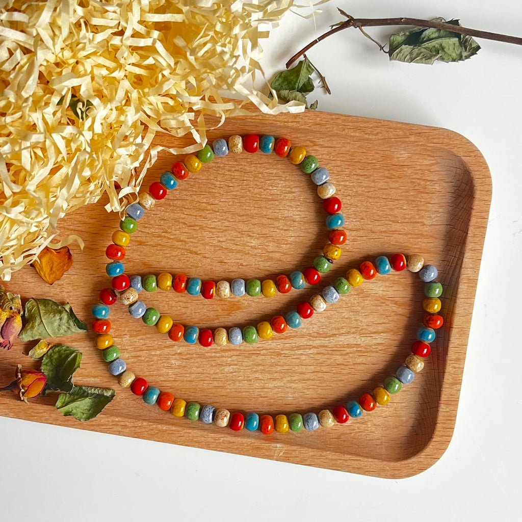 Native American Bracelet for Women Cute Colorful Ceramic Wrap Bracelet 3 Row Wide Layered Stackable Beaded Stretch Bracelet Vintage Native Jewelry Bohemian Hippie Sweater Necklace for Ladies