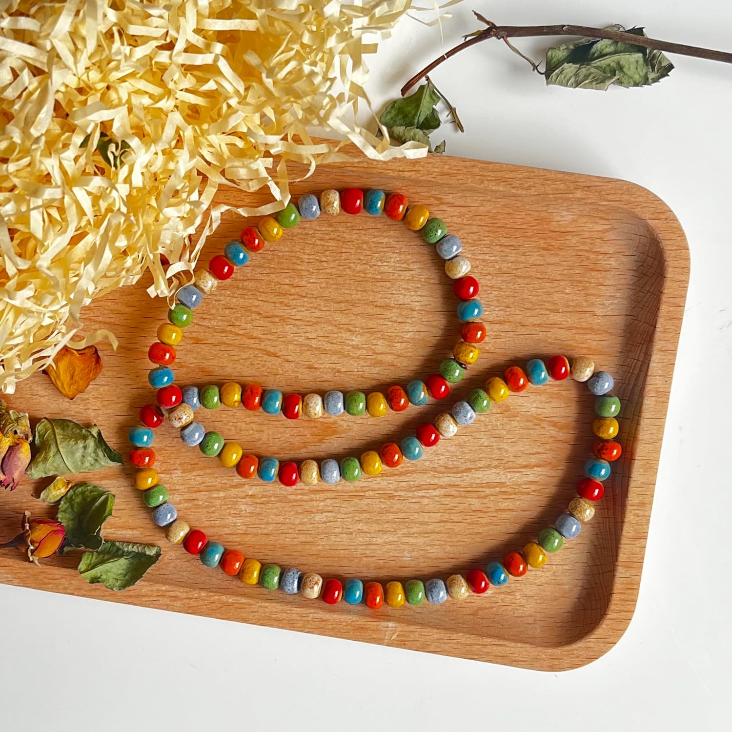 Native American Bracelet for Women Cute Colorful Ceramic Wrap Bracelet 3 Row Wide Layered Stackable Beaded Stretch Bracelet Vintage Native Jewelry Bohemian Hippie Sweater Necklace for Ladies