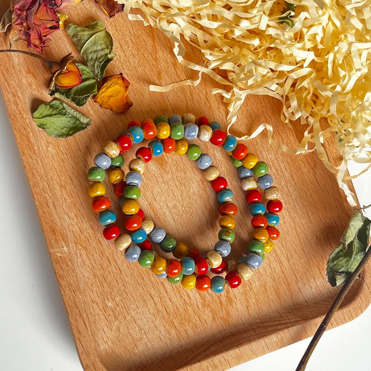 Native American Bracelet for Women Cute Colorful Ceramic Wrap Bracelet 3 Row Wide Layered Stackable Beaded Stretch Bracelet Vintage Native Jewelry Bohemian Hippie Sweater Necklace for Ladies